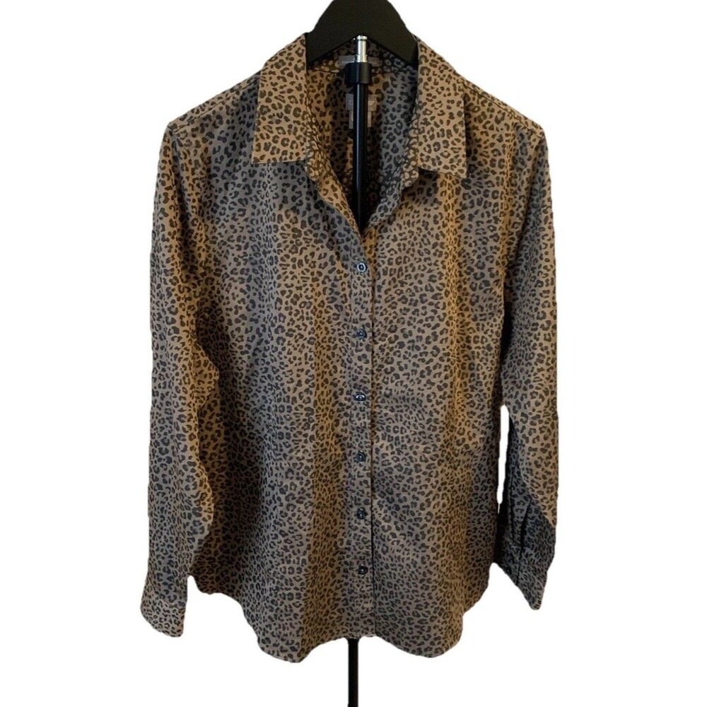 Chicos Size 3 Womens XL Top Brown Leopard Button Up No-Iron Coolmax All Season